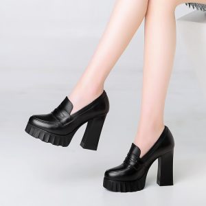 Women's Beige Black Leather Chunky High Heel Pumps Casual Round Toe Slip-On Shoes