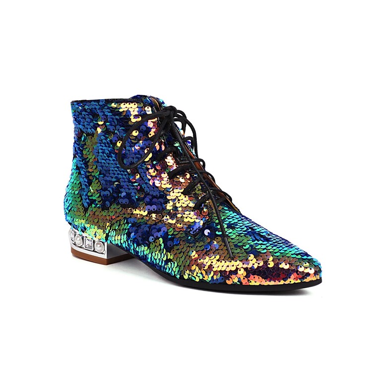 Women's Pointed Toe Low Chunky Heel Fashion Boots with Cross Strap and Sequin Details - Image 4