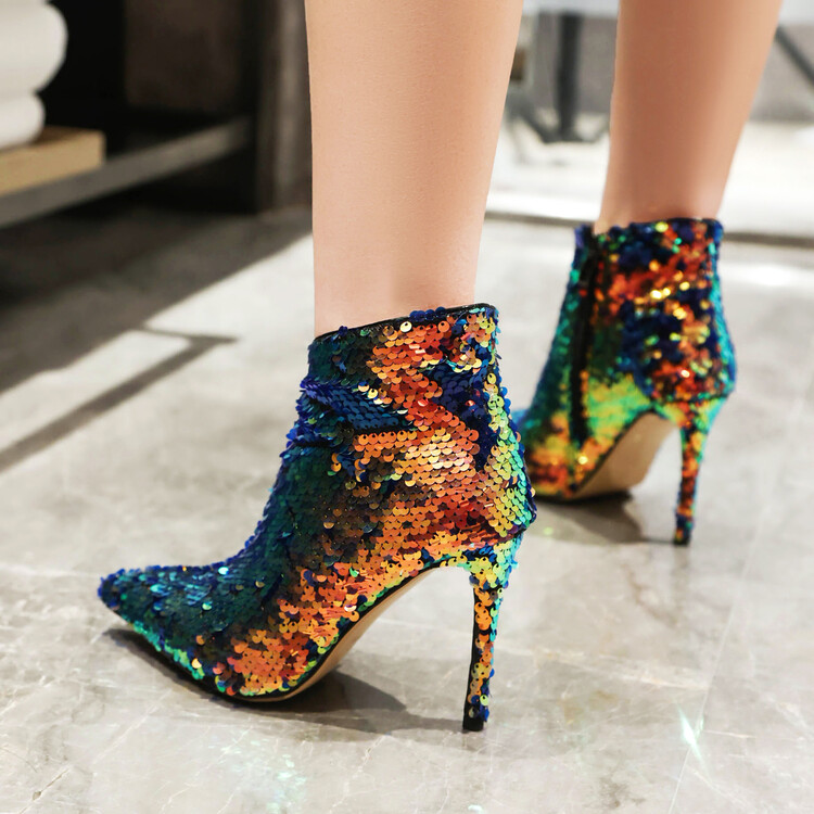 Sequin Pointed Toe Stiletto High Heel Short Boots - Image 3