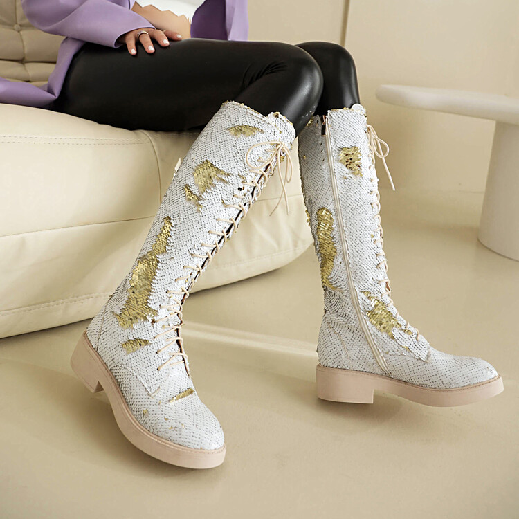 Women's High Shaft Fashion Boots with Cross Lace-Up and Sequin Details - Image 2