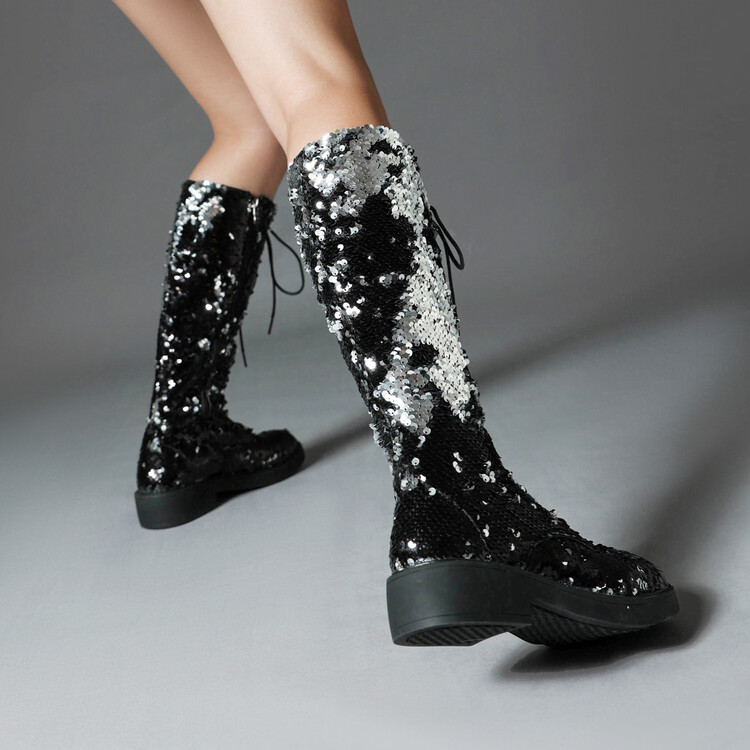 Women's High Shaft Fashion Boots with Cross Lace-Up and Sequin Details - Image 5