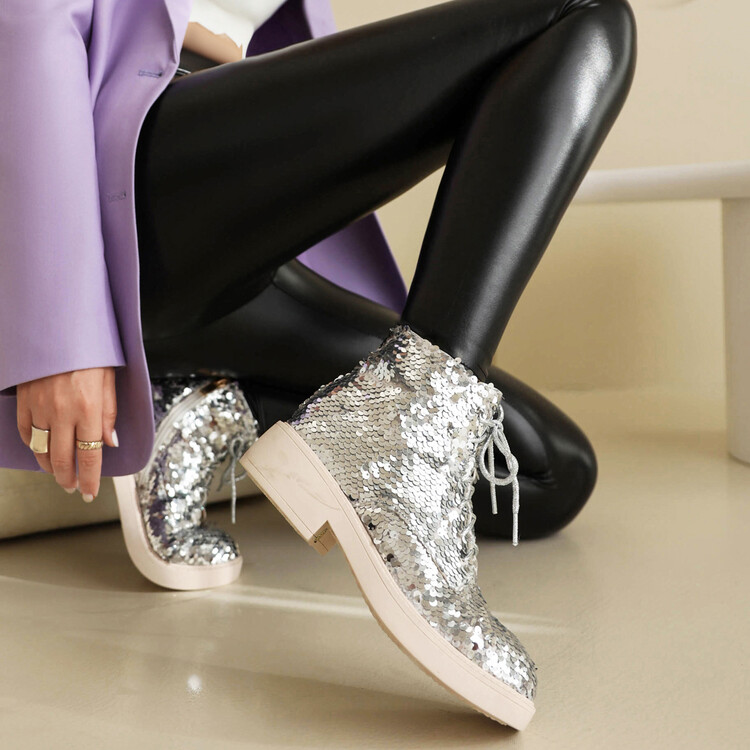 Sequin Low Heel Chunky Round Toe Short Boots - Image 4