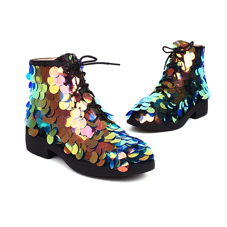 Women's Fashion Ankle Boots with Cross Straps Sequins and Metal Decoration