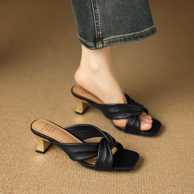 Women's Open Toe Mid Heel Sandals 2025 Summer Sheepskin - Image 4