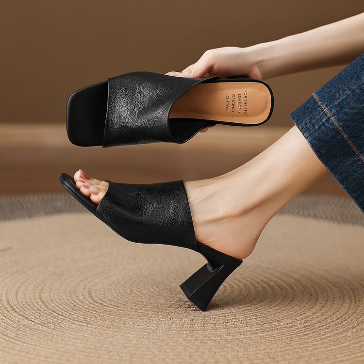 Minimalist Sheepskin Slippers with Chunky Mid Heel