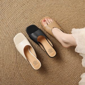 Korean Style Women's Open Toe Slippers - Sheepskin Upper, Cow Leather Insole, Mid Heel